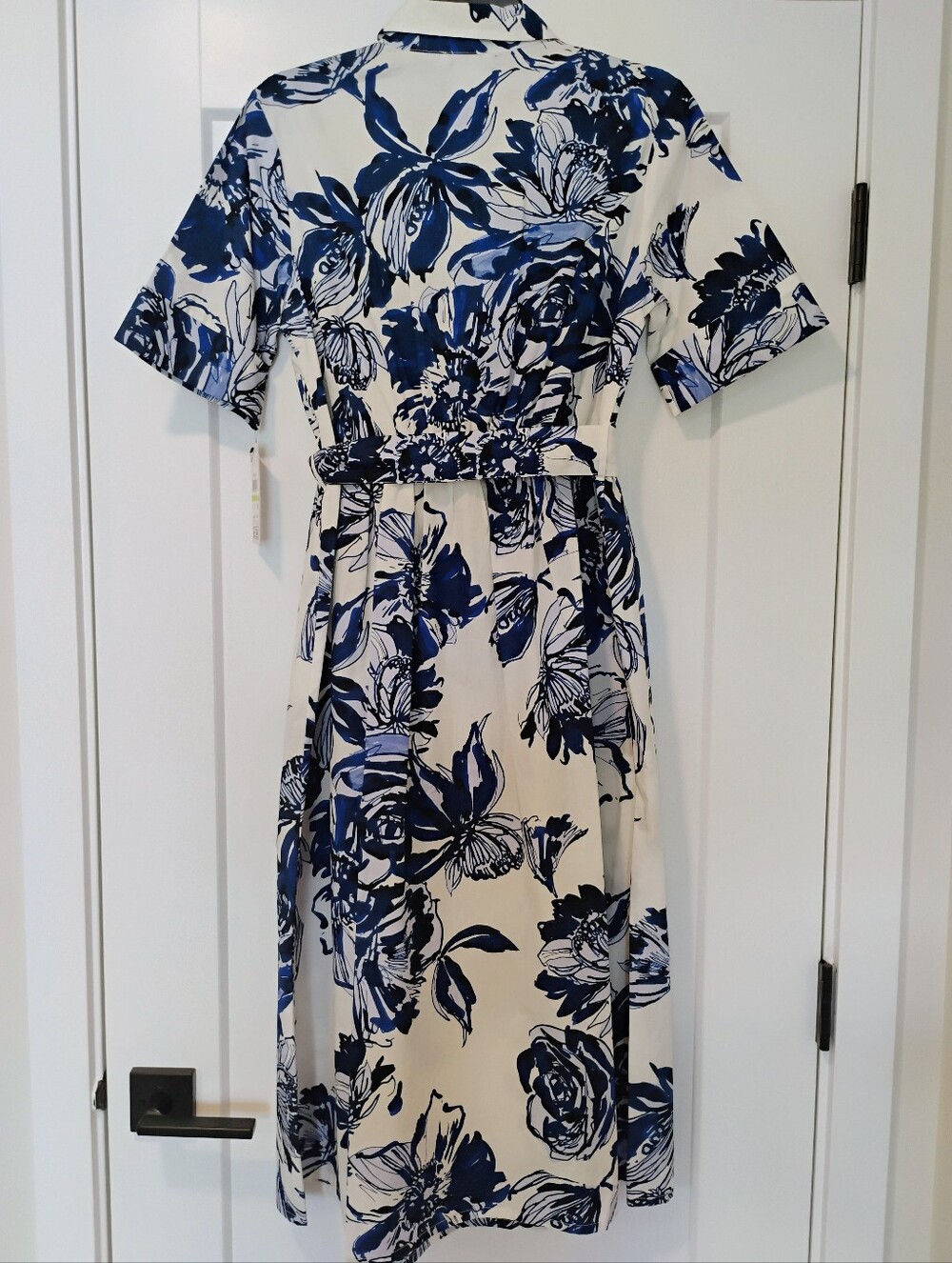 NWT 4 DKNY Blue And White Abstract Floral Short Sleeve Midi Shirt Dress NEW - Picture 9 of 10